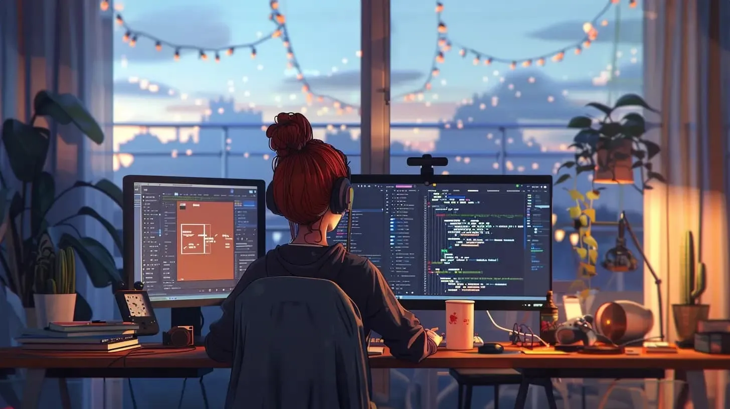 Carina sitzt an einem Tisch und schaut auf ihren großen Monitor und studiert den Code. Sie trägt eine Brille und hat einen Stift in der Hand.