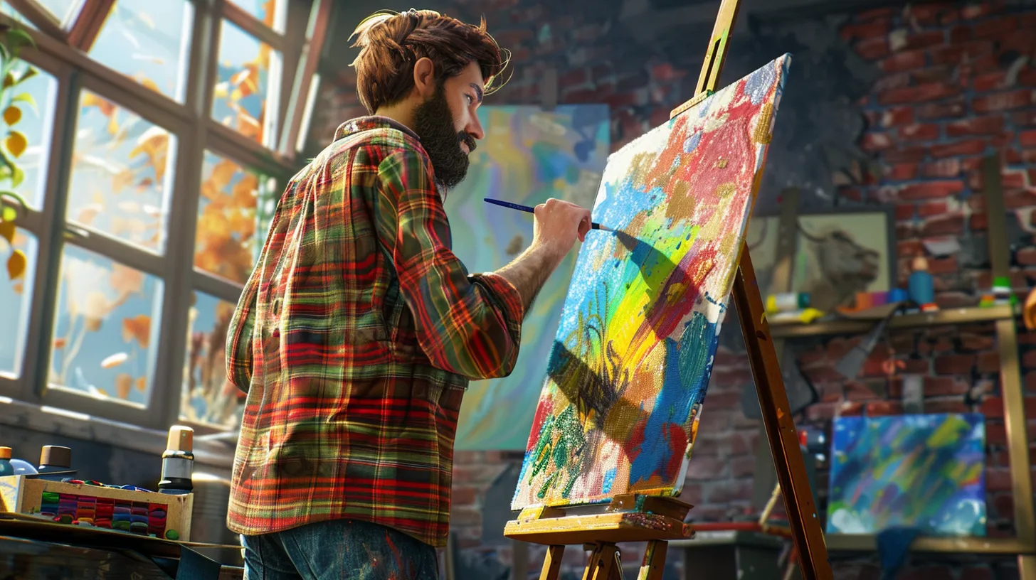 Maler steht vor seiner Leinwand und malt ein buntes, abstraktes Bild.