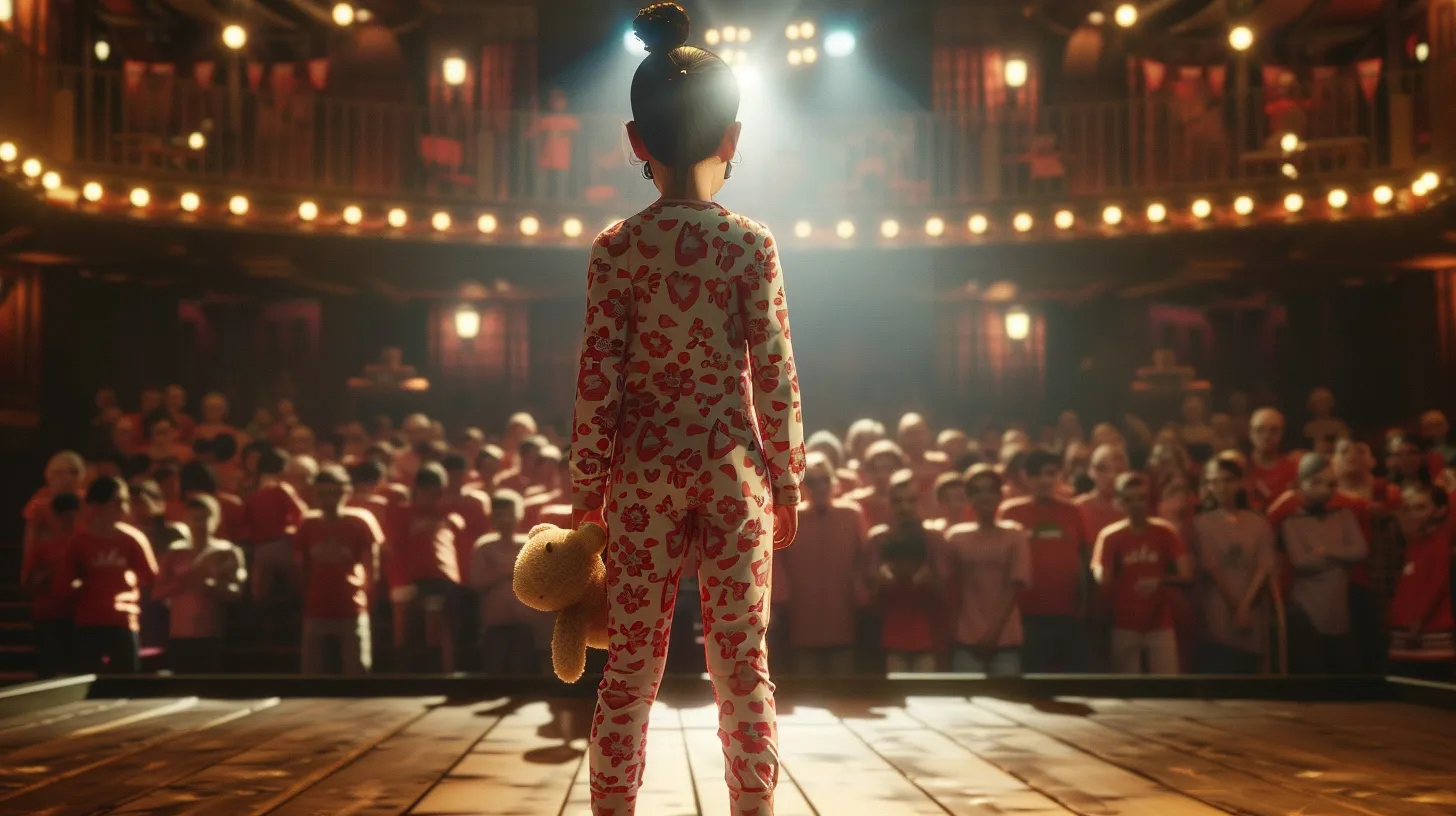 Mädchen steht im Pyjama mit ihrem Teddy-Bär auf der Bühne vor einem großen Publikum