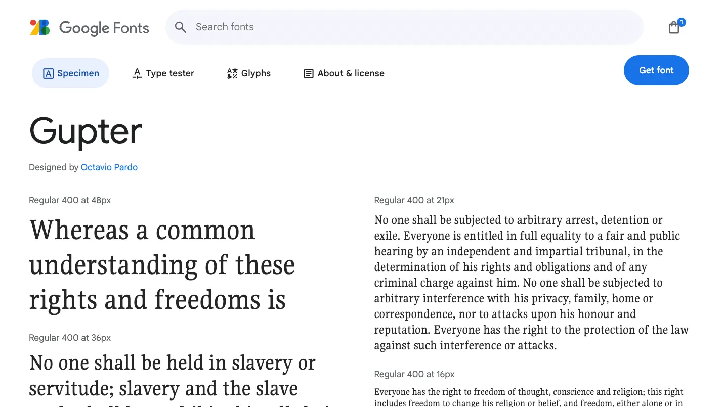 Screenshot von Google Fonts, zeigt die Schriftart Gupter.