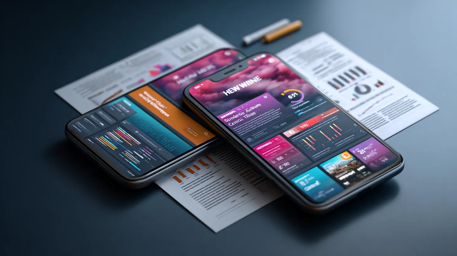 Ein Smartphone ist umrahmt von verschiedenen grafischen Elementen, die Teile einer Website darstellen.