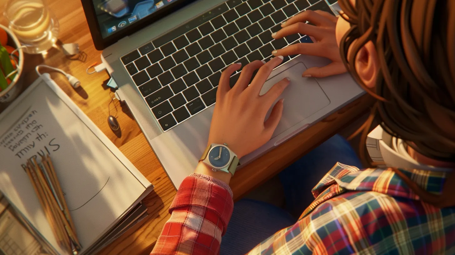 Studentin sitzt vor einem Laptop und tippt auf der Tastatur.