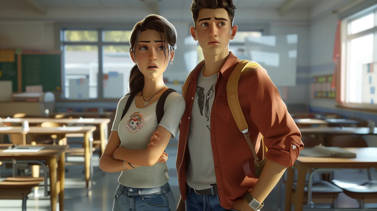 Zwei Studierende blicken fragend in Richtung Kamera.