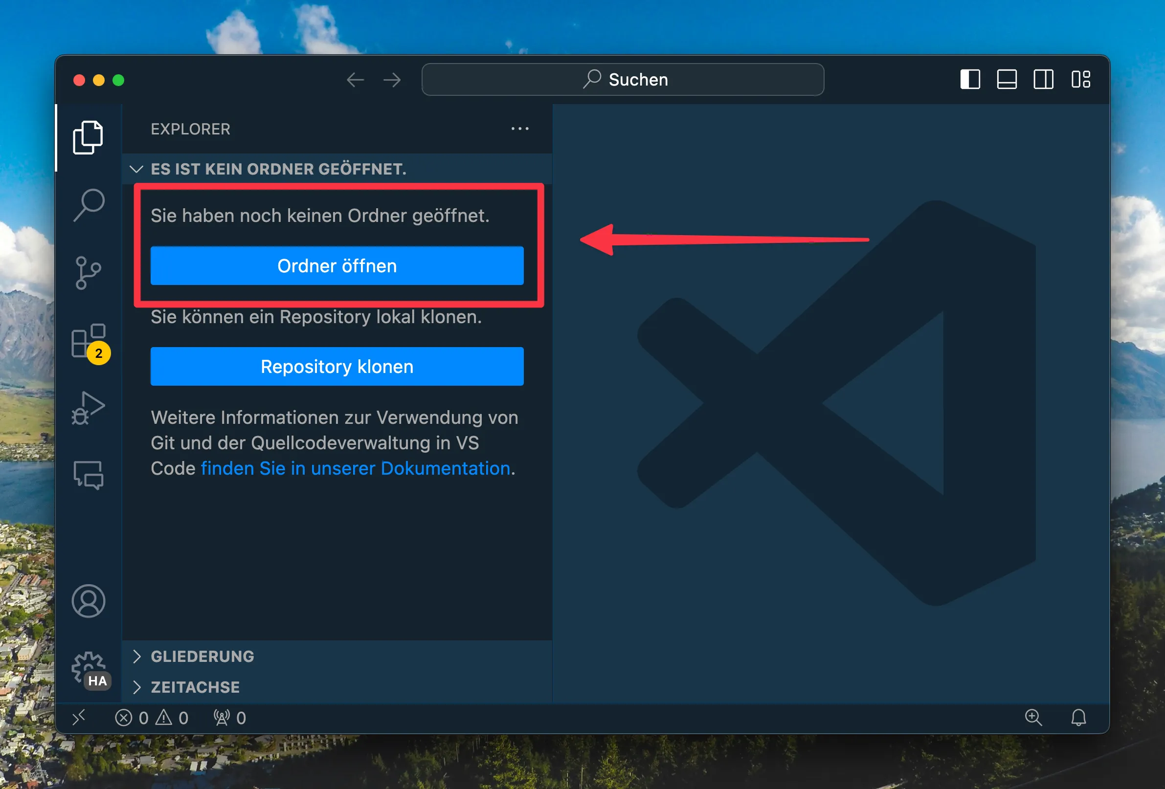 Neues Fenster in Visual Studio Code, hervorgehoben ist der Button „Ordner öffnen“.