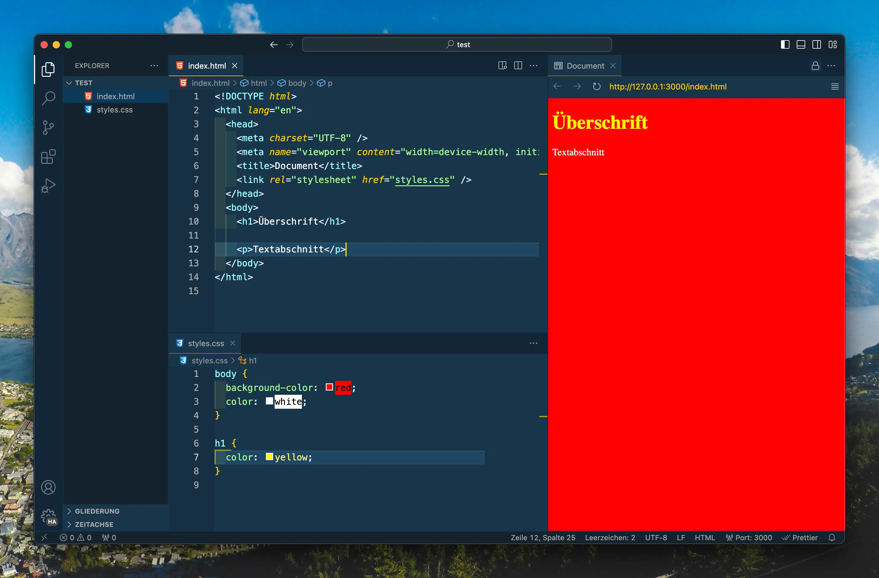 Visual Studio Code mit der Vorschau der Website: Roter Hintergrund, weiße Textfarbe.